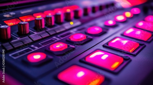 Close-up View of a Professional DJ Music Mixer with Glowing Pink and Purple Buttons and Controls in a Studio Setting