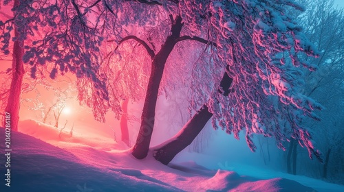 Enchanting Winter Forest Scene with Snow-Covered Trees Illuminated by Vibrant Pink and Blue Ambient Light