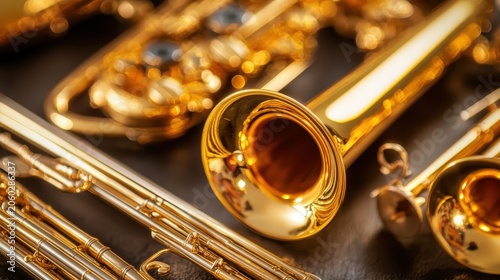 Exquisite gold-plated musical instruments, a detailed close-up of brass trumpets with a luxurious gleam, perfect for showcasing musical artistry.