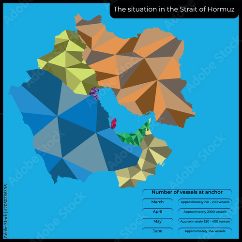 Strait of Hormuz shipping crisis infographic. Low poly vector map of Middle East with monthly statistics data on number of vessels at anchor for political news, media, and trade analysis.