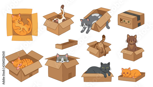 Obraz na plátně Cute cats hiding in cardboard boxes vector illustration set