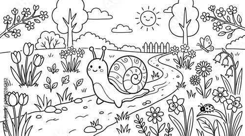 Snail in garden coloring page for kids fun spring activity