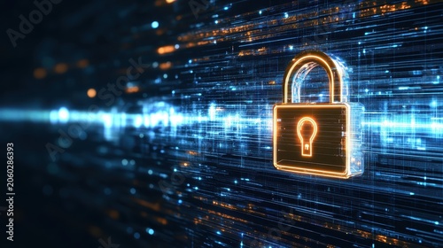 Glowing orange padlock icon symbolizing cybersecurity and secure digital data transmission against a background of abstract digital streams and lights