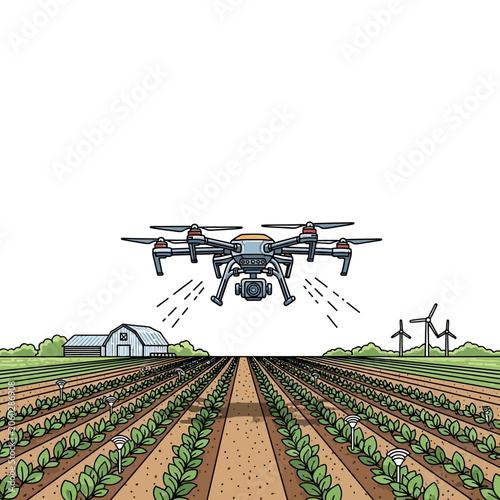 Drone flying over a farm field with a barn and wind turbines