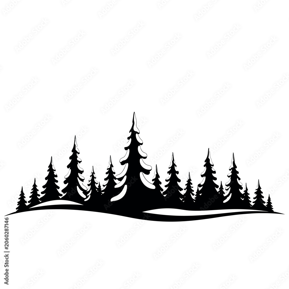 Obraz premium Silhouette of a dense evergreen forest on a white background.