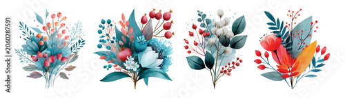 Bild auf Leinwand Watercolor bouquets displaying colorful winter floral arrangements, featuring be