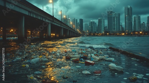 Floating plastic pollution in city harbor waters near a bridge and urban skyline