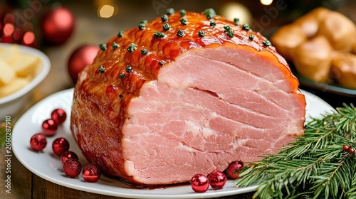 Juicy Glazed Ham with Festive Christmas Decorations and Warm Bokeh Lighting