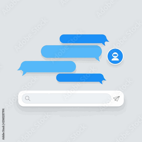 Chatbot conversation interface with speech bubbles and search bar