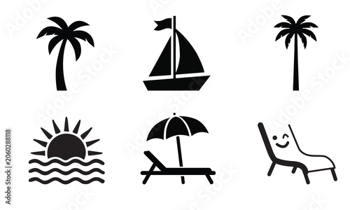 Black beach icons set with palm trees sailboat sun umbrella and lounge chair