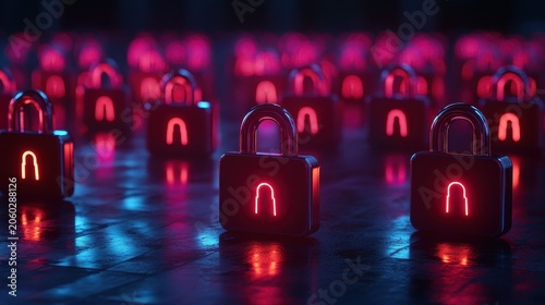 Glowing digital locks representing cybersecurity threats and secure barriers with dramatic neon lighting