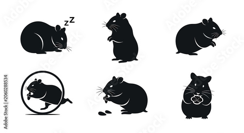 Six black hamster silhouettes showcase various actions in a neutral environment.