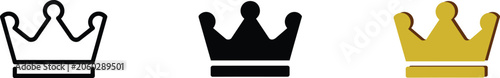 Fotografía Crown icons set in outline, solid black, and gold with shadow styles for royalty