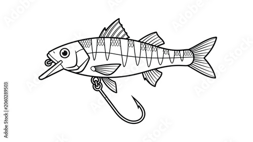 Detailed line art illustration of a fishing lure with scales and stripes featuring a sharp hook for sports fishing concepts.