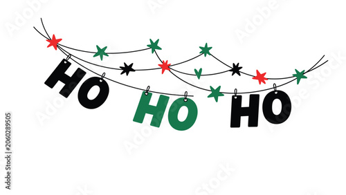Festive ho ho ho christmas banner with colorful stars hanging on strings for holiday party decorations and seasonal celebrations.