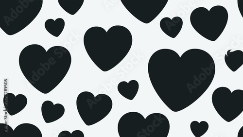 Simple black and white seamless pattern of various sized heart silhouettes scattered across a light gray background for romance.