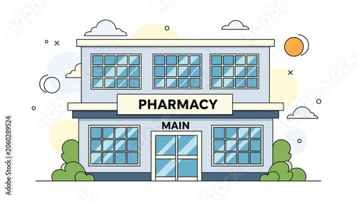 Modern pharmacy building illustration with main entrance and blue windows surrounded by bushes and clouds in flat design style.