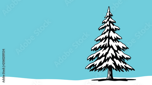 Snowy pine tree standing alone in a winter landscape with a clear blue sky background representing cold seasonal weather.