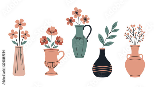 Assortment of five colorful flowers and green branches displayed in different styles of ceramic and clay vases against white.