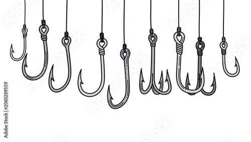 Collection of various sharp metal fishing hooks hanging from lines including single and treble hooks for angling tackle design.