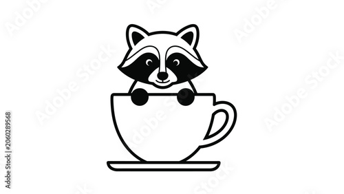 Adorable raccoon character peeking out of a white teacup with its paws on the rim for cute animal illustration needs.