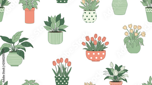 Colorful seamless pattern of diverse indoor plants and blooming flowers in decorative pots and vases on a clean white ground.