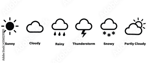 Cuadro en lienzo Set of black weather icons representing sunny cloudy rainy thunderstorm snowy an