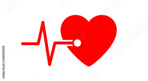 A medical illustration of a red heart with an electrocardiogram line