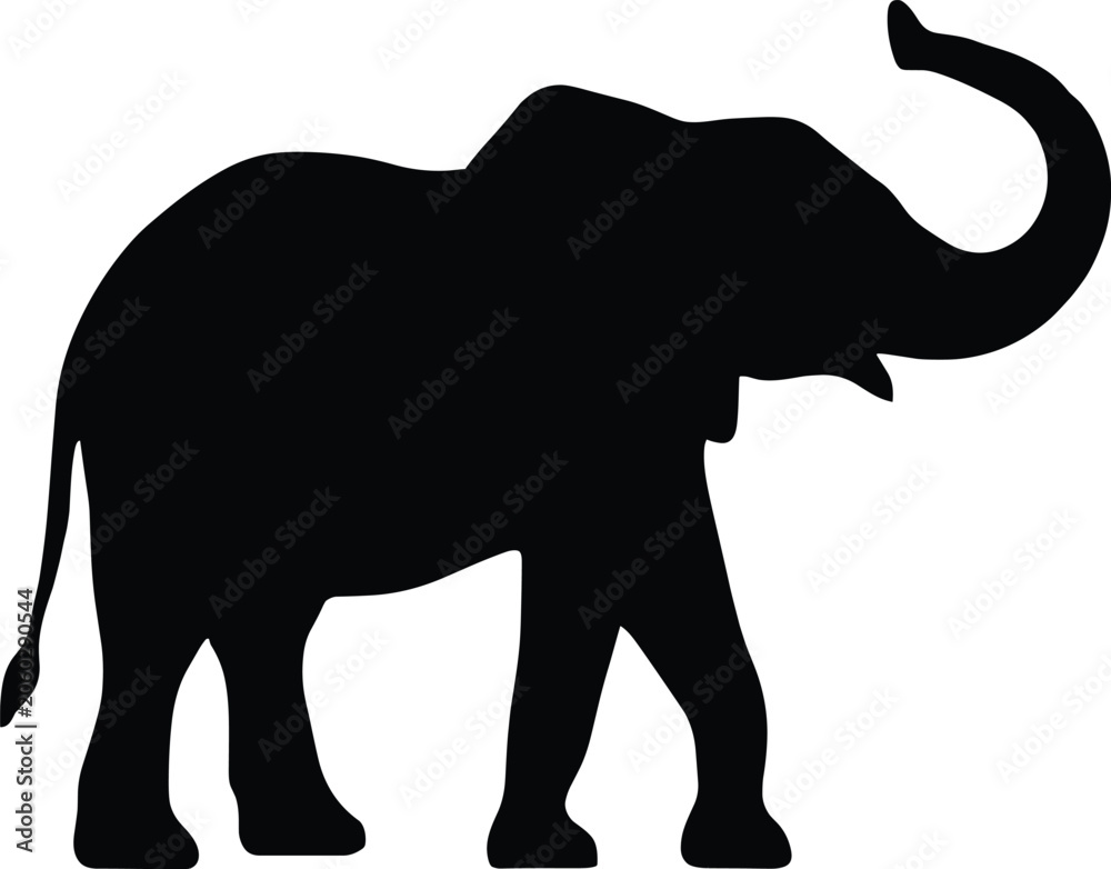 Fototapeta premium Black silhouette of an African elephant with trunk raised vector illustration EPS PNG file