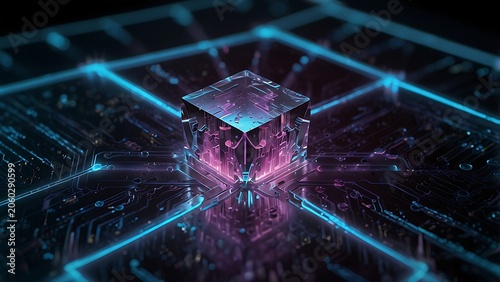 Futuristic glowing glass cube processor unit hovering over a detailed high-tech computer motherboard circuit board in dark environment symbolizing advanced artificial intelligence and hardware tech.