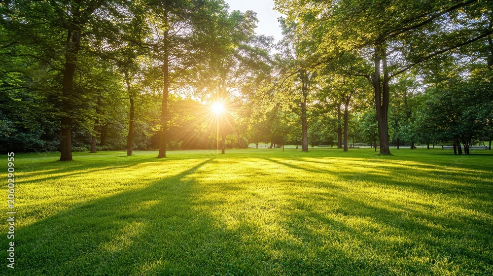 Obraz premium Sunlight Streaming Through Trees onto Lush Green Grass in a Serene Park Landscape