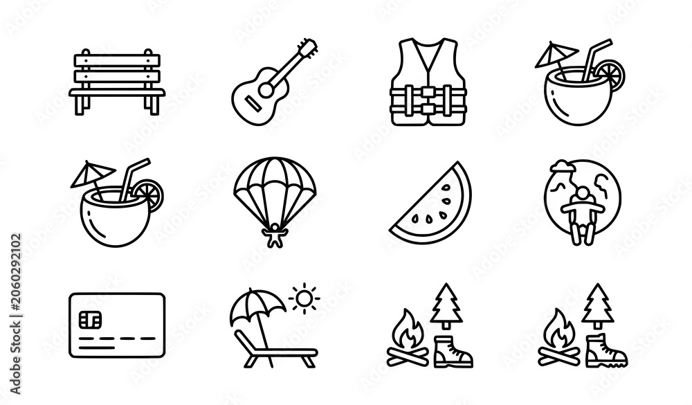 Fototapeta premium 9 leisure line icons set with bench guitar cocktail paragliding and card vector symbols