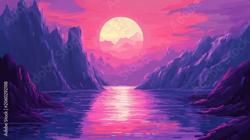 Vibrant pixel art sunset painting casting ethereal reflections upon tranquil mountain waters