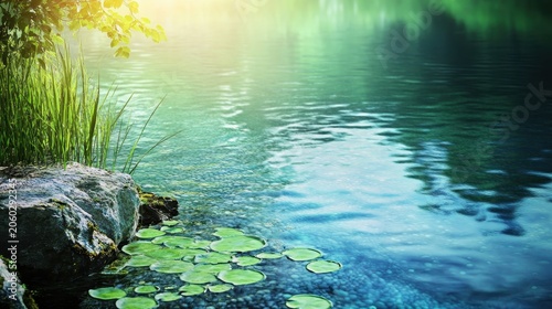 Vibrant toxic algae bloom forming on the surface of a polluted pond with soft sunlight and lakeside background