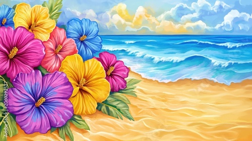 Vibrant Tropical Flowers Bordering a Serene Beach with Azure Ocean Waves Under a Bright Sunny Sky