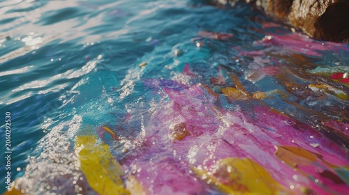 Vibrantly Colored Plastic Pollution Floats Near a City Beach Shoreline, Highlighting Environmental Concerns