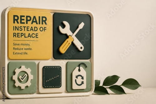 Repair instead of replace sustainable 3D illustration with tools and copy space