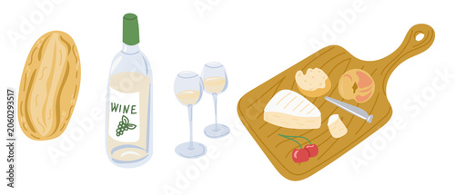 Illustration features a wine bottle, two glasses, various cheeses, fruits, and a cutting board with a knife, suitable for culinary contexts