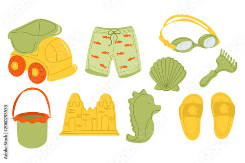 Colorful beach toys and accessories including a toy truck, swim shorts, goggles, bucket, sandcastle mold, seashell, rake, seahorse, and flip-flops arranged on a white background