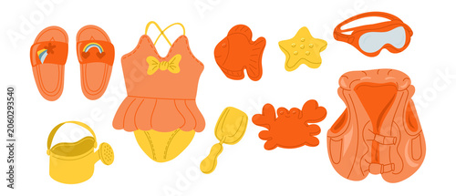 Colorful assortment of summer beach accessories featuring a swimsuit, flip flops, goggles, starfish, crab, bucket, shovel, and life vest on a white background