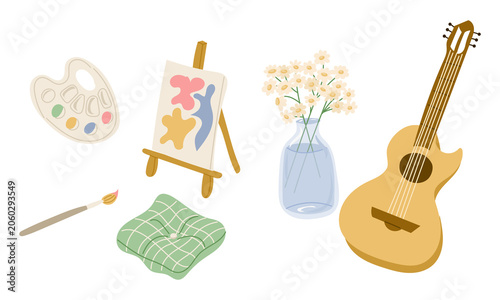 Illustration featuring various artistic tools such as a palette, easel with painting, flowers in a vase, cushion, and acoustic guitar arranged on a white background