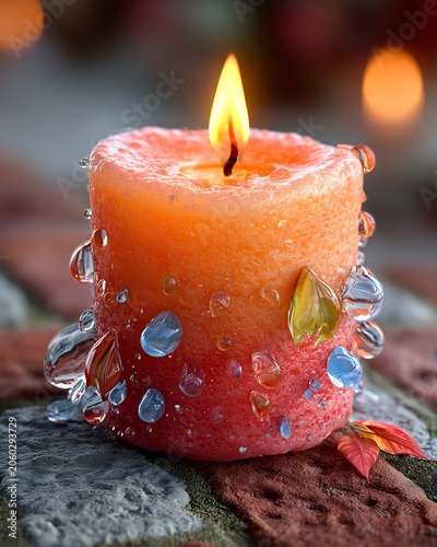 Lit Orange Red Candle with Water Droplets on Stone Patio