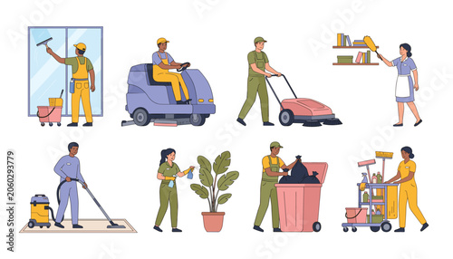 Fotografía Professional janitor and commercial cleaning service staff characters vector set
