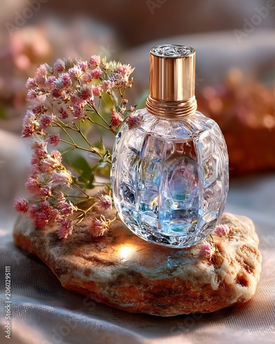 Crystal Perfume Bottle on Rock with Pink Flowers