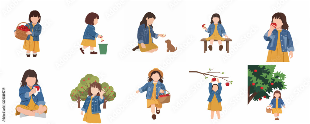Fototapeta premium Cute little girl illustration set picking and eating apples in the orchard garden