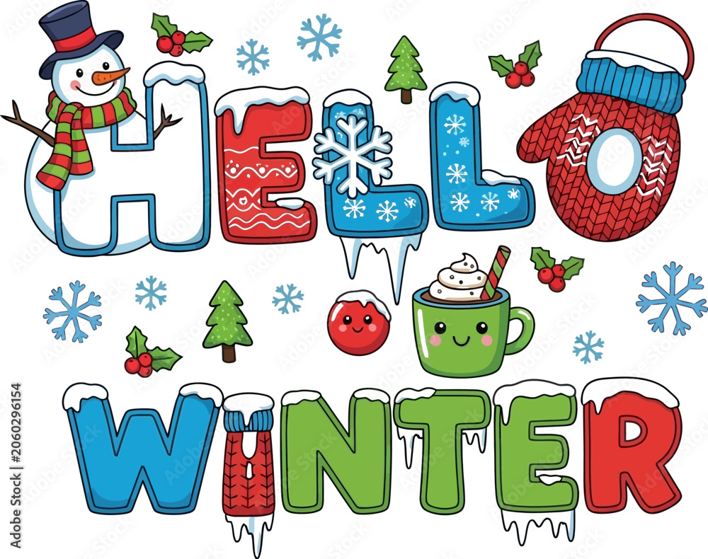 Fototapeta premium Hello winter cartoon graphic