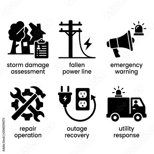 Utility company storm damage response and electrical repair service icons