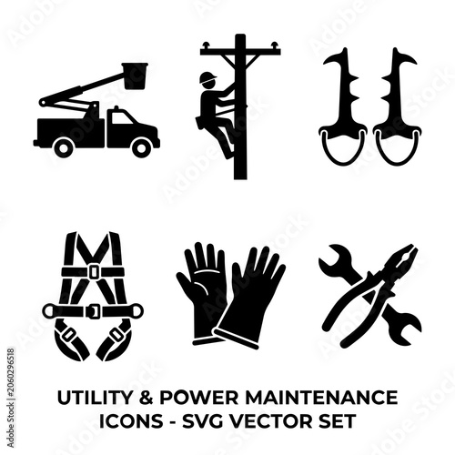 Utility and power maintenance worker equipment vector icon set with maintenance