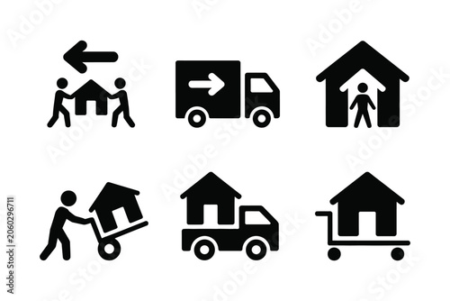 Moving house icon set featuring people relocating with trucks, boxes, hand carts and transportation equipment vector illustrations.