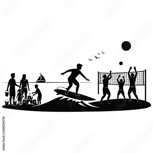 Photography Family beach vacation vector silhouette including surfing sandcastle and volleyball match